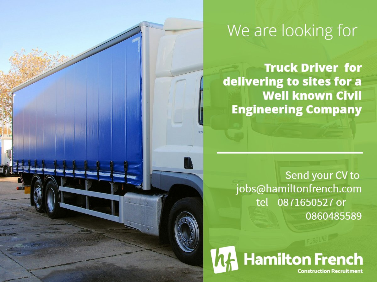 Truck Driver wanted for well known Civil Engineering company from Cork. 

#constructionjobs #truckdriver #civilengineering #CorkJobs #jobfairy