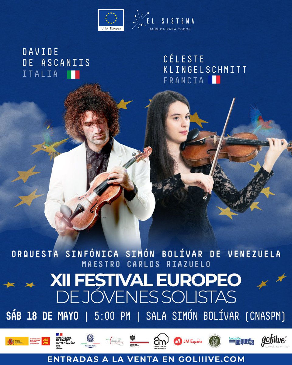 ¡Ya están a la venta las entradas para el Festival Europeo de Jóvenes Solistas! 📅Sábado 18 de mayo 🕔5:00 pm 📍@CNASPM @elsistema 🎟️goliiive.com/xii-festival-e… Con: 🔸Céleste Klingelschmitt, violín 🇫🇷 🔸Davide De Ascaniis, violín 🇮🇹 🔸Orquesta Sinfónica Simón Bolívar de Venezuela