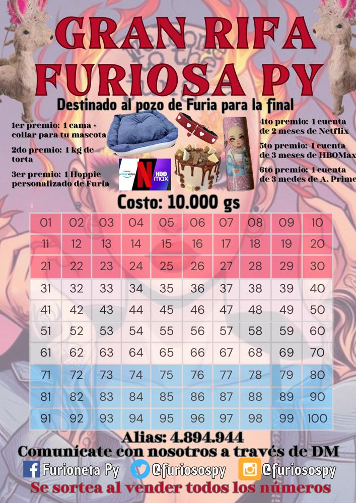 2da rifa Furiosa de la furionetapy con 6 súper premios para el pozo de la final Pedinos tu numerito de la suerte 🍀 en el DM de nuestras redes sociales #Paraguay #paraguyconFuria #GranHermano #GranFuria