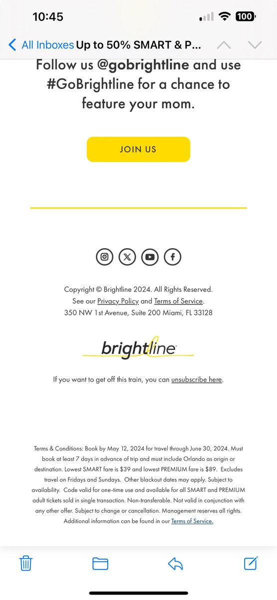 ⁦@GoBrightline⁩ is no longer worth the $

Every sale has a catch and that catch is in the fine print. You must include Orlando as a point of origin or destination.

Super greedy.