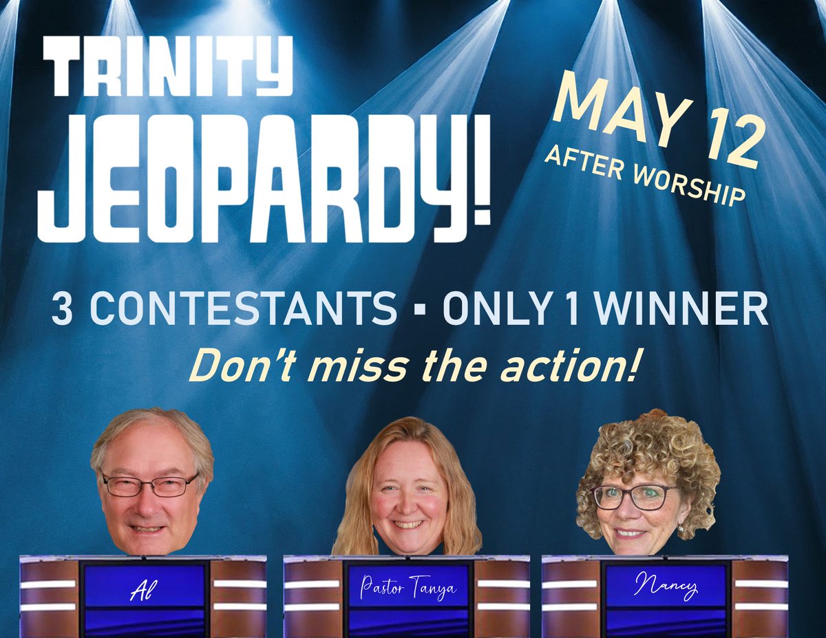 This Sunday, it's the ultimate trivia challenge. Join us after worship at 10:45 am! (Join us for worship at 9:30 am, too!)

<a href="/VarnerTanya/">Tanya Varner (she/her)</a> <a href="/ESynodELCIC/">Eastern Synod-ELCIC</a>