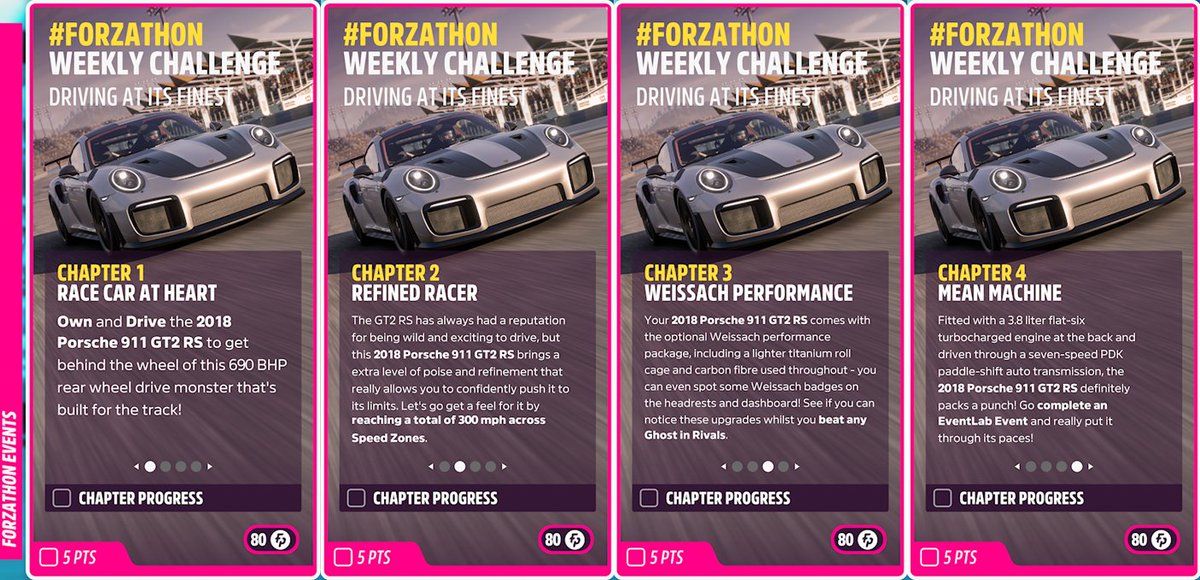 Series 33 - Winter (Forzathon Weekly) This week, we get to experience the pure beauty of German engineering, as we take the 2018 @Porsche 911 GT2 RS out for a spin. The tasks are as follows: 1⃣ - Own & Drive 2⃣ - Total 300mph across Speed Zones 3⃣ - Complete an EventLab event