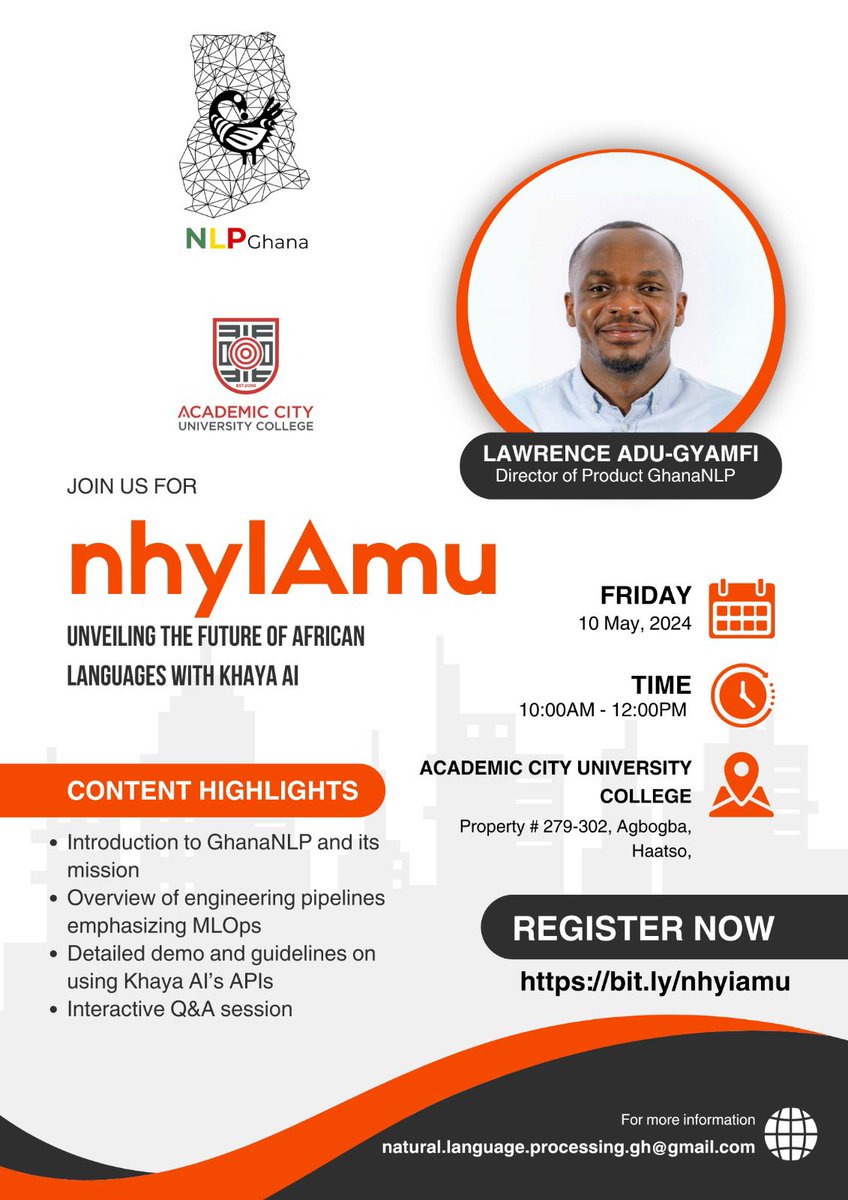 Ghana Natural Language Processing (NLP) (@ghananlp) on Twitter photo We are excited to announce the launch of our AI conference series - nhyIAmu ๐๐พ
Our first edition will happen on 10th May in partnership with <a href="/acitygh/">Academic City University</a> and will feature our Director of Product. Come meet one of our leaders & chat about the future of AI in Africa ๐๐พ ๐ We are excited to announce the launch of our AI conference series - nhyIAmu ๐๐พ
Our first edition will happen on 10th May in partnership with <a href="/acitygh/">Academic City University</a> and will feature our Director of Product. Come meet one of our leaders & chat about the future of AI in Africa ๐๐พ ๐