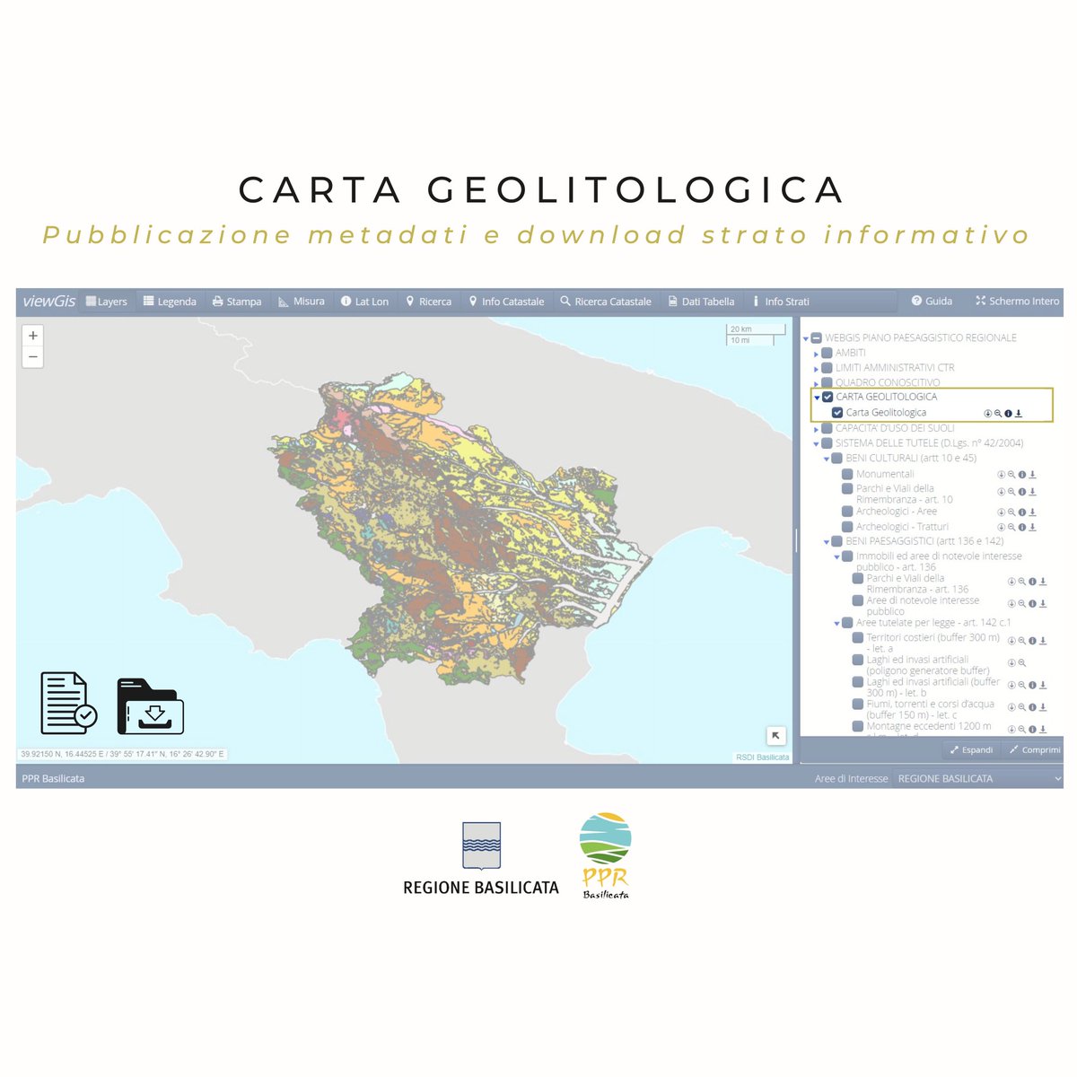 Accedendo al Catalogo GeoDati è possibile consultare i metadati associati allo strato informativo CARTA GEOLITOLOGICA. Accedendo al WebGis TUTELE del PPR è possibile effettuare il download del file vettoriale in formato ShapeFile.
🔗 rsdi.regione.basilicata.it/ppr/ 

#rsdibasilicata #ppr