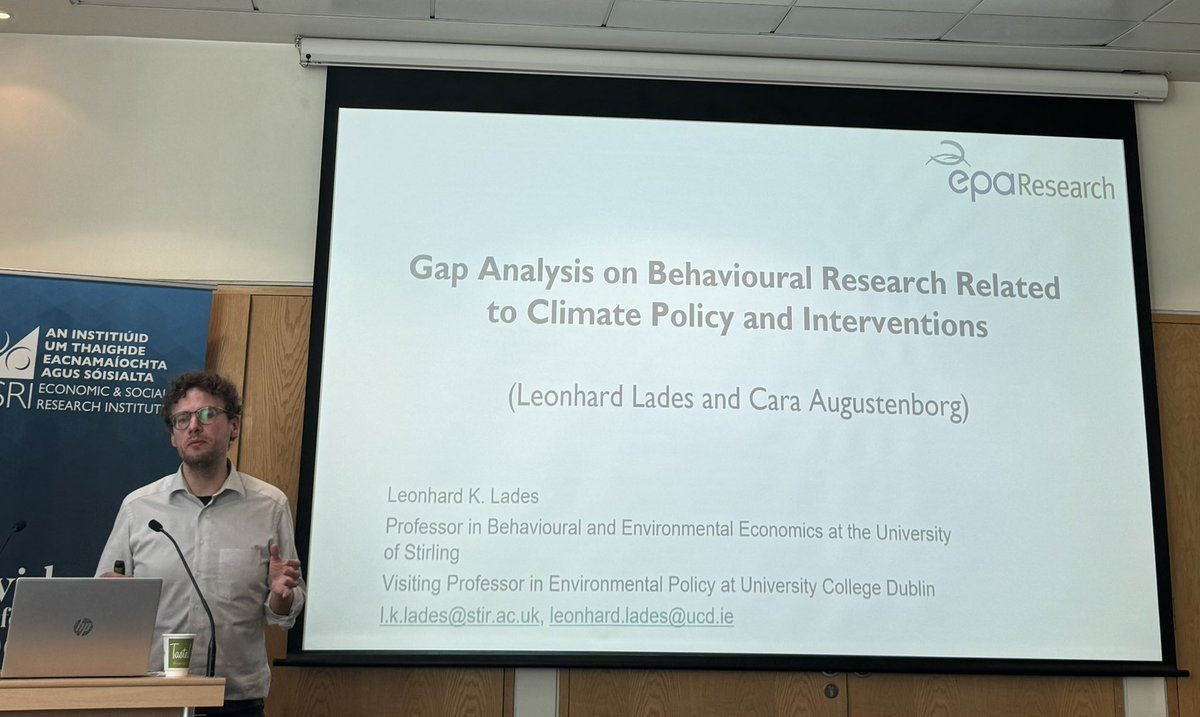 @EimearCotter @ESRIDublin @galavpsychology @schipper_lisa @RMcMnow @darrenclarke123 @Tara__Quinn @clarenoone @lwhitmarsh @SaffronJONeill @NeilAdger @riadmeddeb @AdamRogers2030 Prof Leo Lades presenting EPA research on behavioural research and climate policy interventions co-authored with @CAugustenborg @EPAResearchNews