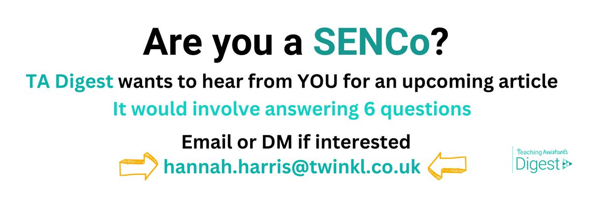 Are you a SENCo? #TADigest would love to get your input for an upcoming article. It would involve you answering 6 questions. DM or email me for more 😊 ➡ hannah.harris@twinkl.co.uk