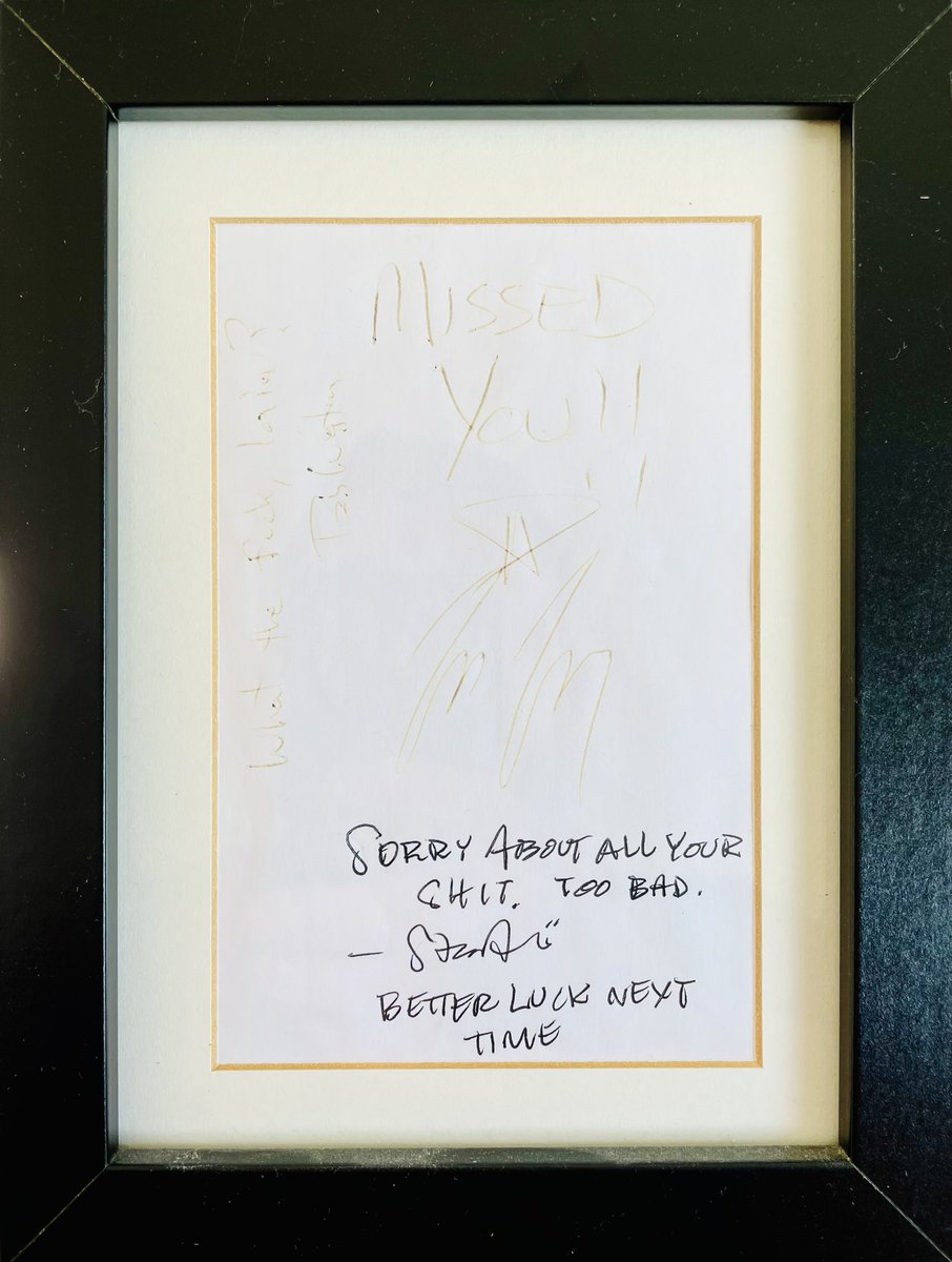 darkflare's tweet photo. Remembering the time I missed a Shellac gig as I came home from Barcelona the day before with the most awful food poisoning. 

Only to find out that @DvdWr had got the band to sign a note for me, and Steve Albini wrote “sorry about all your shit” 😂 https://t.co/UTa1HYy6VE