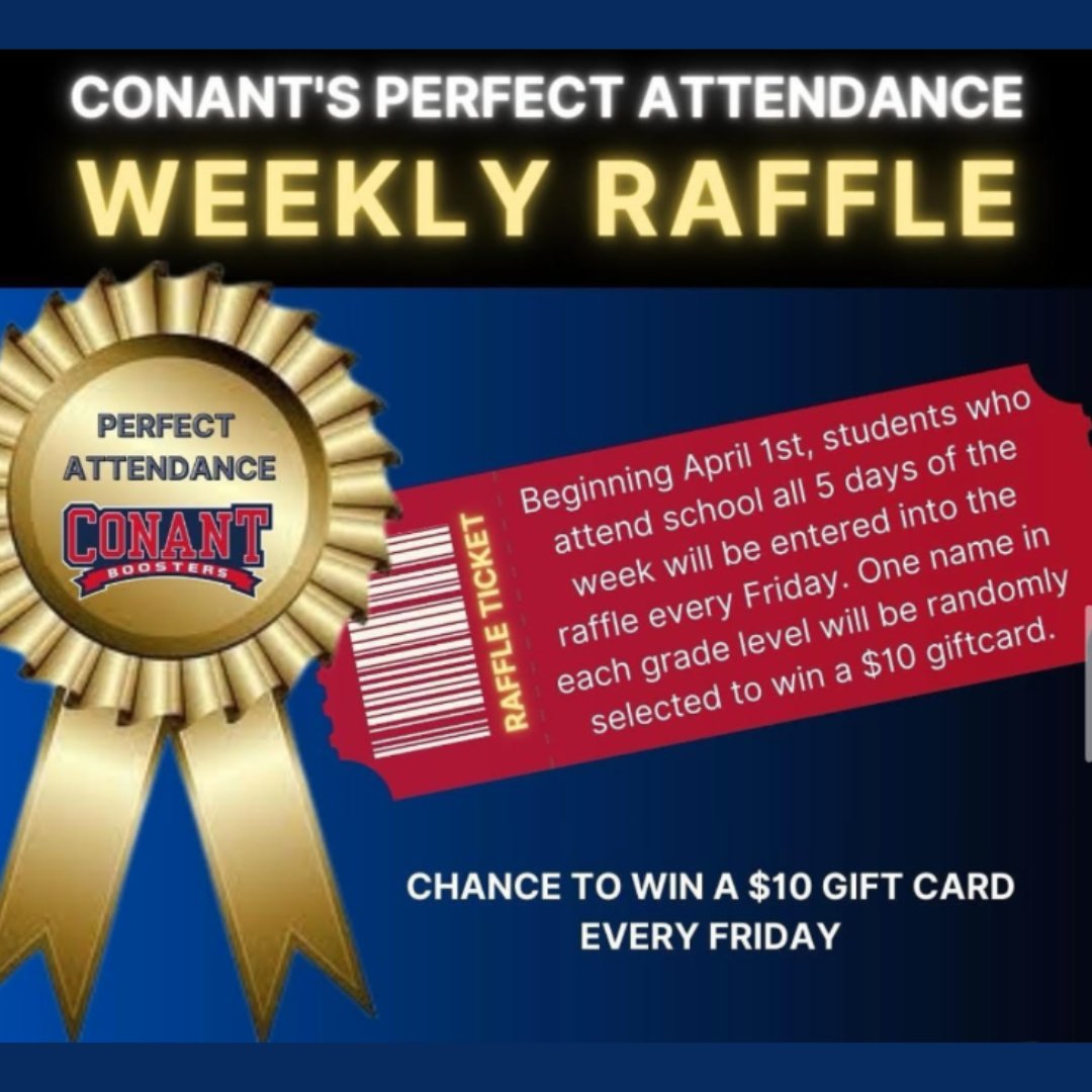 Looking for more information about Conant's new Perfect Attendance weekly raffle? Click this link to know more and get the Conant Boosters' perspective on the creation of this new idea ➡️ conantcrier.com/news/conant-ne…