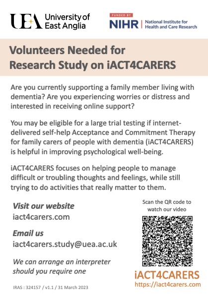 Dementia Action Week takes place between: 13th - 19 May 2024 In collab w/ @uniofeastanglia on iACT4CARERS, this virtual training programme supports family carers of people living with dementia iact4carers.com We are currently recruiting for the trial. @ARC_EM