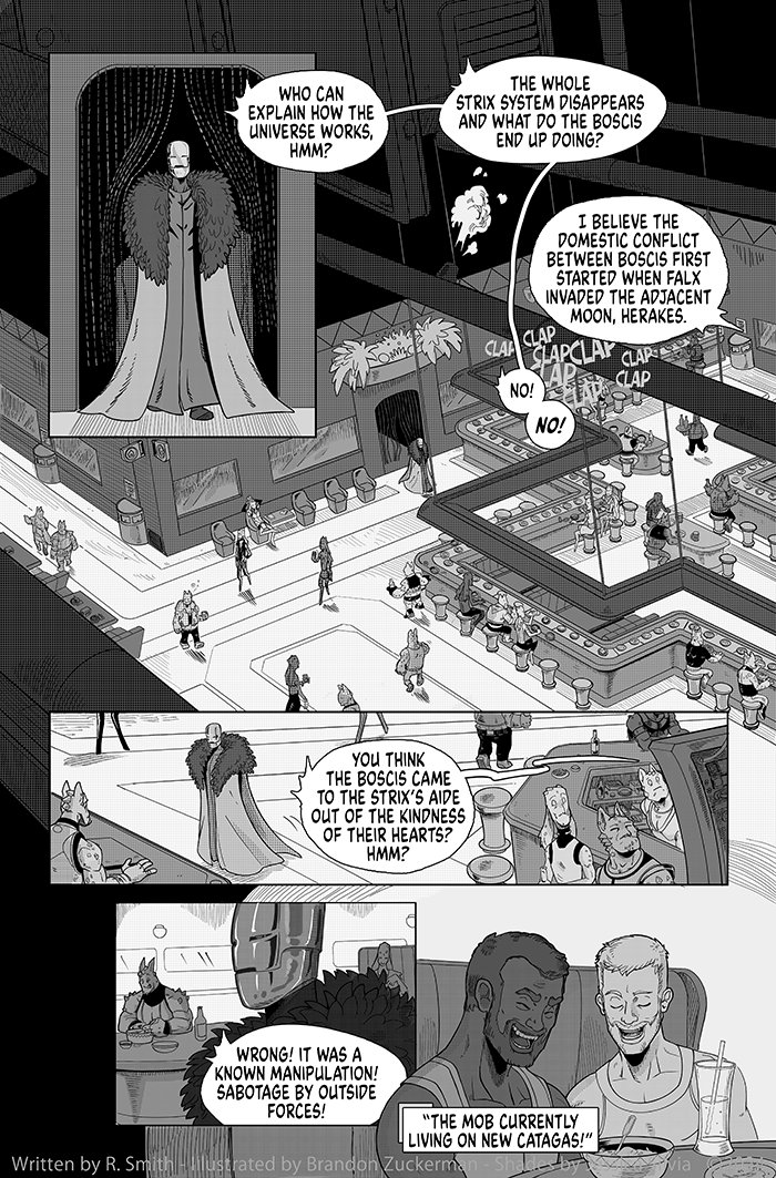 First page of our little Banished epilogue miniseries ✨️

banishedonline.com/comic/2

<a href="/ManOrCatman/">Brandon Zuckerman</a> really did a great job on these pages! And <a href="/Buboniccc/">Bubonicc</a> is implementing the halftones so good!

patreon.com/ryancomics