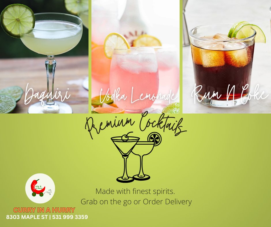 It's #ThirstyThursday. Check out some of our premium cocktails. Easy to order on the go. 

They are 20% OFF all day long. Only on Thurs. 

Hurry! Hurry! 🏃‍♀️🏃‍♂️🏃

🤳bit.ly/2L1XKWZ #orderonline

Note: Please mention any food allergies while placing your order.