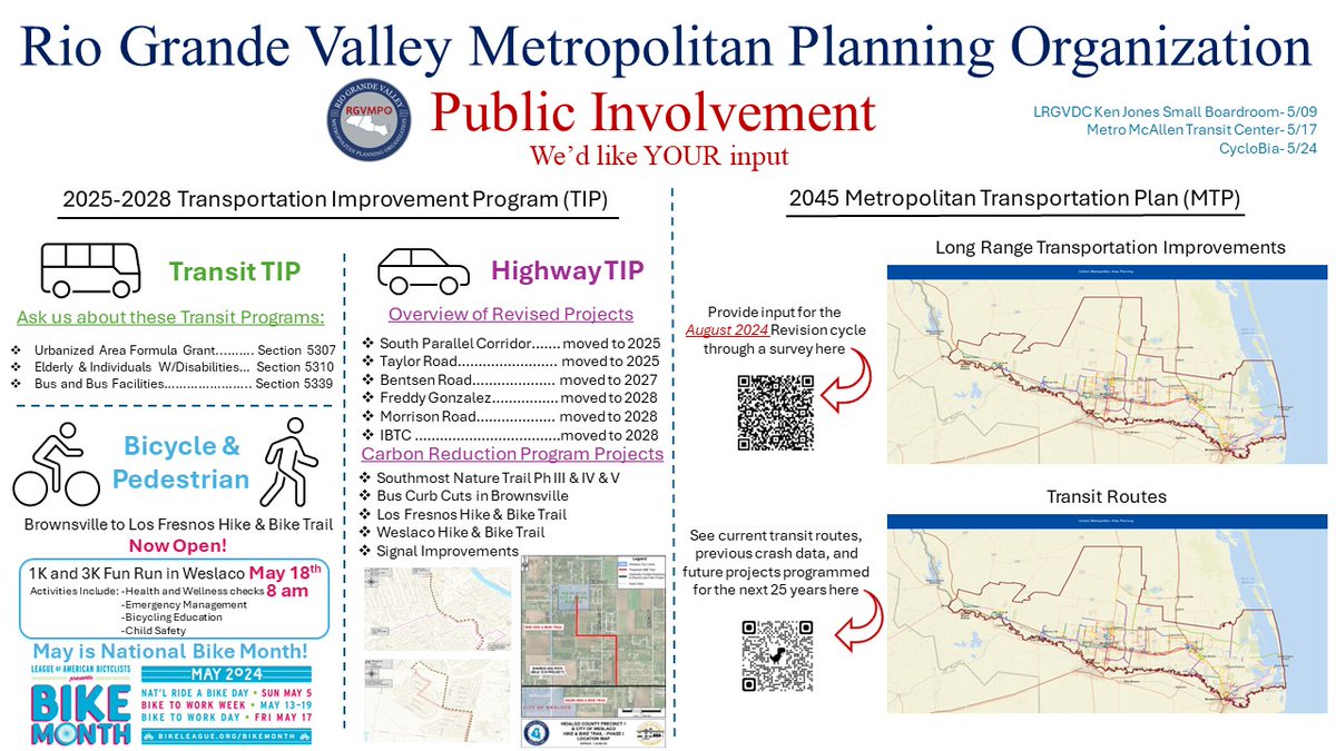 rgvmpo's tweet photo. Your Opportunity to Get Involved!
As part of the 30-day public involvement process, we are hosting at the LRGVDC Ken Jones Small Boardroom (301 W Railroad St, Weslaco, TX 78596)
today May 9, 2024 from 2:00 PM – 4:00 PM https://t.co/RHAJHZVlPp