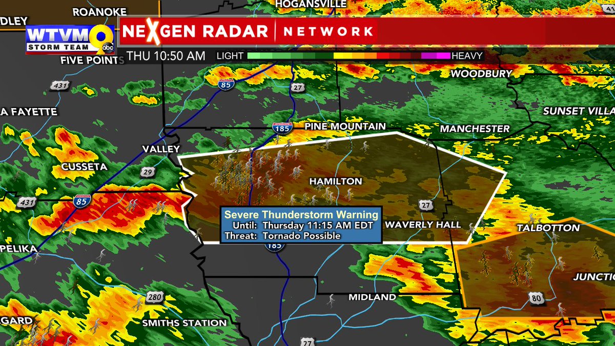 Severe Thunderstorm Warning for Harris and western Talbot County until 11:15 AM ET. Damaging winds are the main threat but there is some weak rotation that we're keeping an eye on. #wtvmwx #gawx