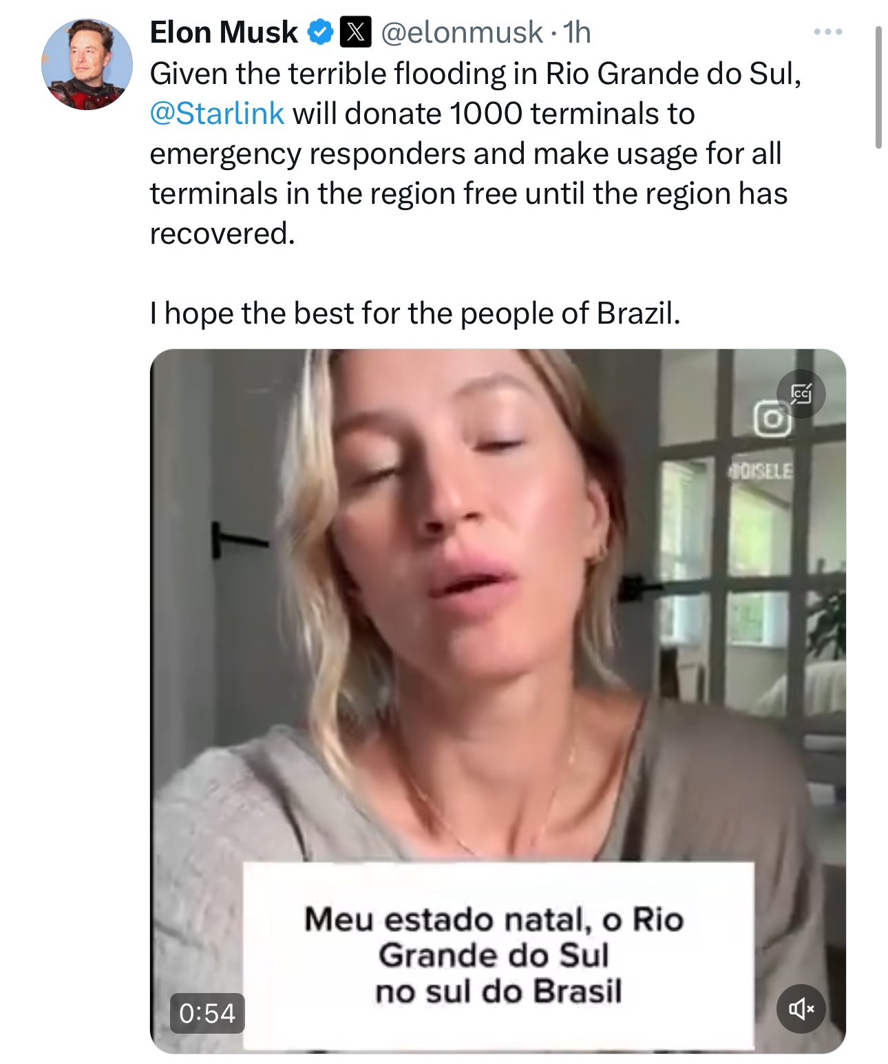 UpdateCharts on X: "Elon Musk se prontifica a disponibilizar sinal de Wi-Fi GRÁTIS no Rio Grande do Sul após vídeo de Giselle Bündchen pedindo ajuda. https://t.co/RPuvmH95yv" / X