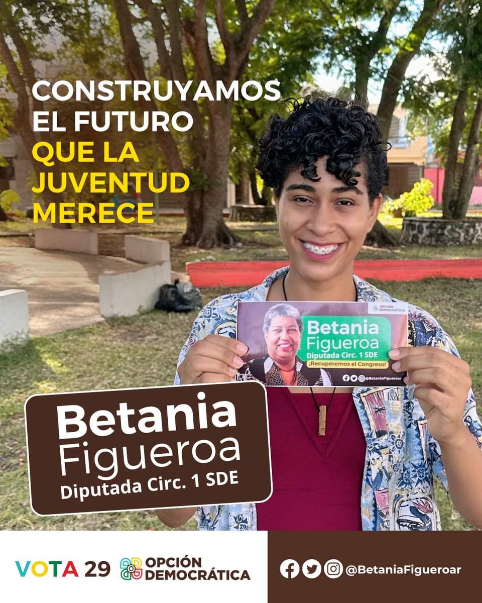 Empleos de calidad, calles seguras, oportunidades de formación universitaria y técnica, es hora de invertir en nuestra juventud, y desde el congreso lo vamos a hacer. 🤎#BetaniaDiputada #OpciónDemocrática #Vota29