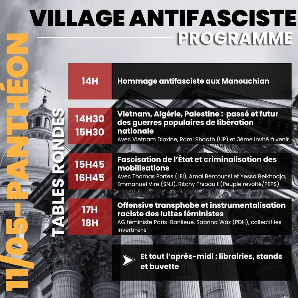 📢 village antifasciste en plein air aura lieu sur la place du Panthéon où pourront se tenir des discussions sur les différents fronts de lutte antifasciste 📍 samedi 11 mai à 14h place du Panthéon solidairesparis.org/ne-laissons-pa…
