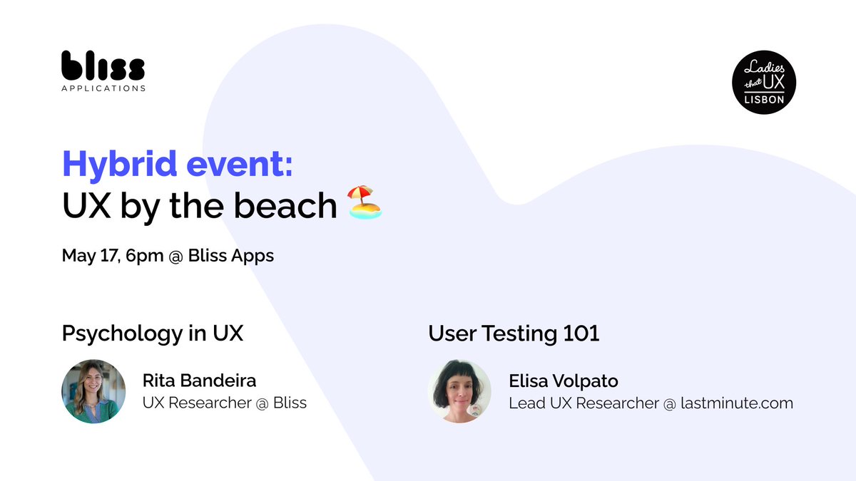 blissapps's tweet photo. Join us for an exclusive hybrid event organized in collaboration with @LadiesThatUX_Lx at our scenic Beach House.
🗓️ May 17th, 6-9pm

🎟️ Register now to join us in person or online: https://t.co/9SZXPHDjyT https://t.co/Jgrv2RDjvu