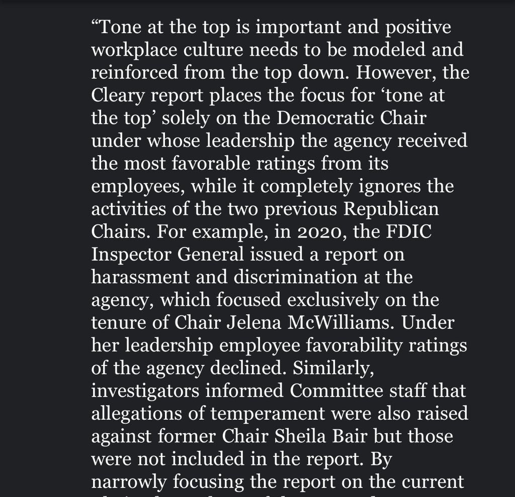 House Financial Services Committee Ranking Member Maxine Waters issued a long statement just now in response to the FDIC report. Notably goes on the offensive against the report's authors for focusing on Gruenberg and not other Republican FDIC chairs in recent decades