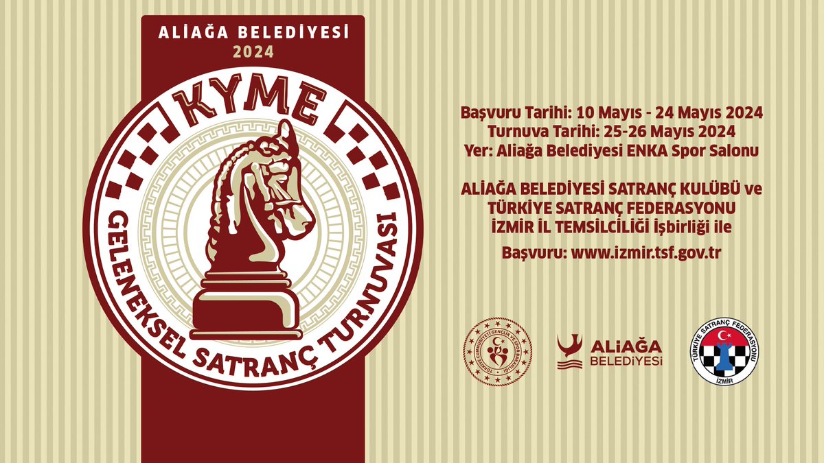 ♟️Aliağa Belediyesi’nin bu yıl 19 Mayıs Atatürk’ü Anma Gençlik ve Spor Bayramı etkinlikleri kapsamında düzenleyeceği ‘KYME Satranç Turnuvası’ 25-26 Mayıs tarihlerinde gerçekleştirilecek. Haberin detayları 👉 bit.ly/aliağasatranc #Aliağa #AliağaBelediyesi #SerkanAcar #İzmir