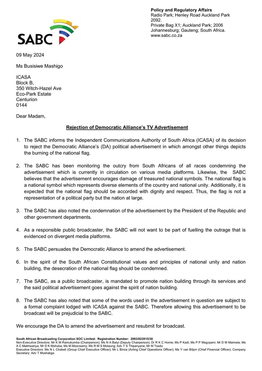 jsteenhuisen's tweet image. In an unprecedented attack on our democracy, deployed ANC cadres at the SABC have banned the DA’s latest advertisement from the air to hide the truth of how the ANC has burnt our country to the ground. The DA will fight to the highest court in the land to defend our constitution.