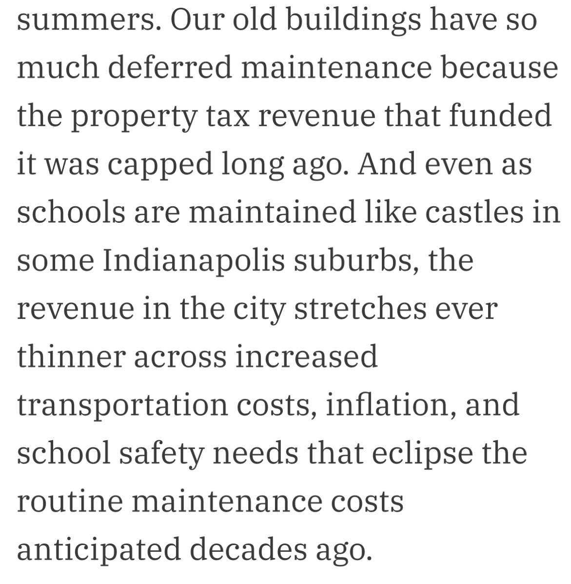 Saw this false claim in Chalkbeat today. IPS receives 137% more in property taxes today than it did a decade ago while its LEA serves 29% fewer students. During that time, cumulative inflation was 32%. IPS gets more per-pupil property taxes than any suburban district.