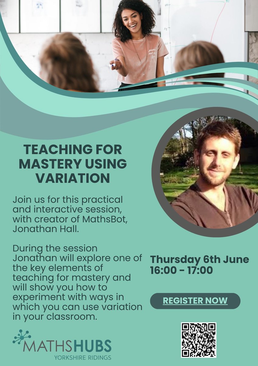 PaulaKellyMaths's tweet photo. How can you use variation to support your teaching? Join Yorkshire Ridings Maths Hub and Mathsbot creator Jonathan Hall to find out. @YRMathshub https://t.co/bcKFEM8BeS