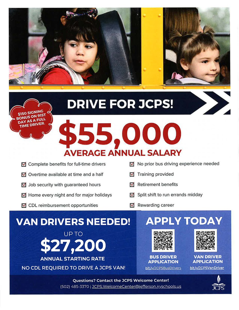 Hiring Bus Drivers! Drive for JCPS!! If you are interested in being a bus or van driver, apply at bit.ly/JCPSbusdrivers or bit.ly/JCPSvandriver. #ssclive @kwcosby
