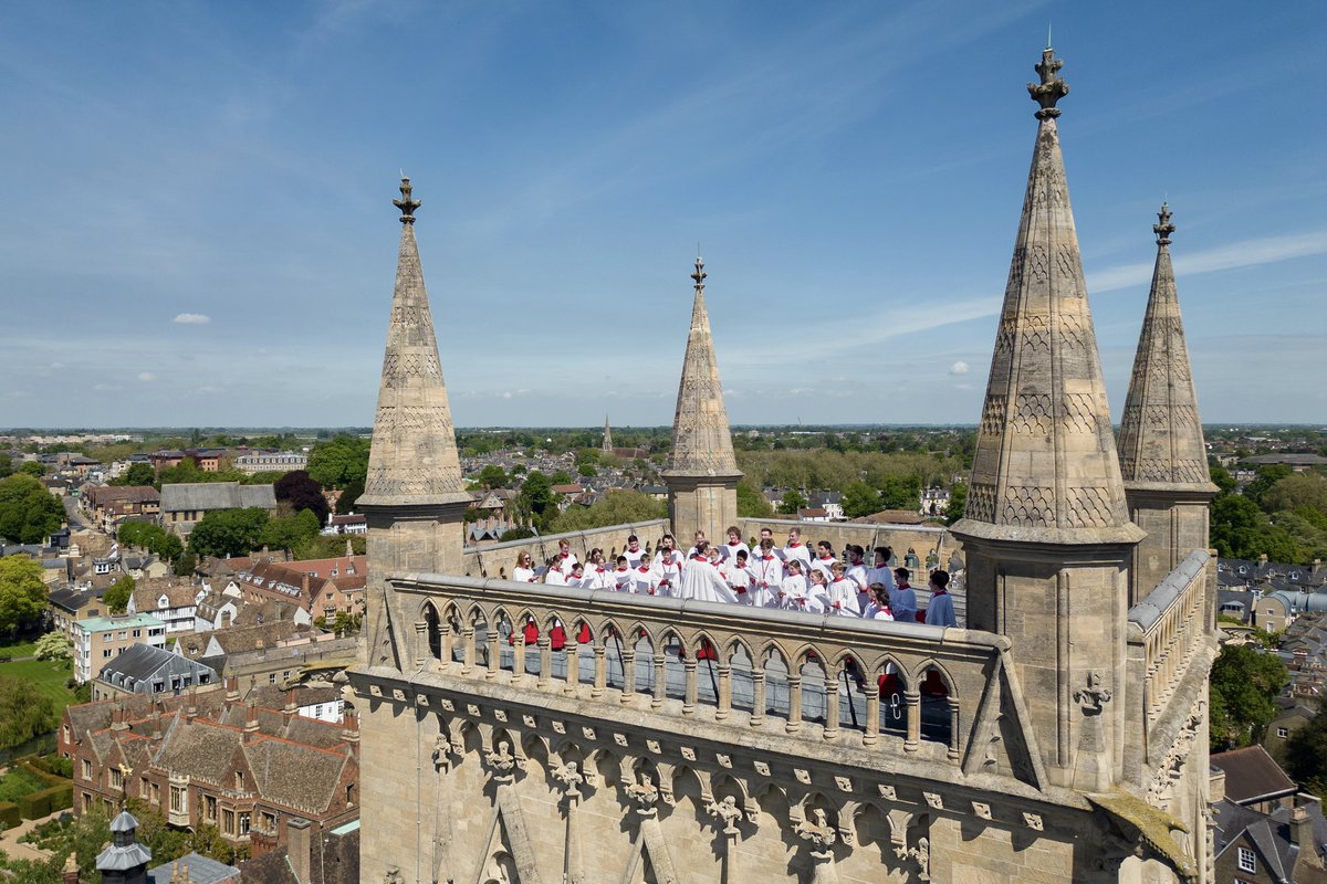 jjgiddens's tweet photo. The Choir of St John's College at the University of Cambridge perform the Ascension Day carol from the top of the Chapel Tower. The custom dates back to 1902 and a debate about whether singing from the tower could be heard from the ground below https://t.co/dv71aOmwBg