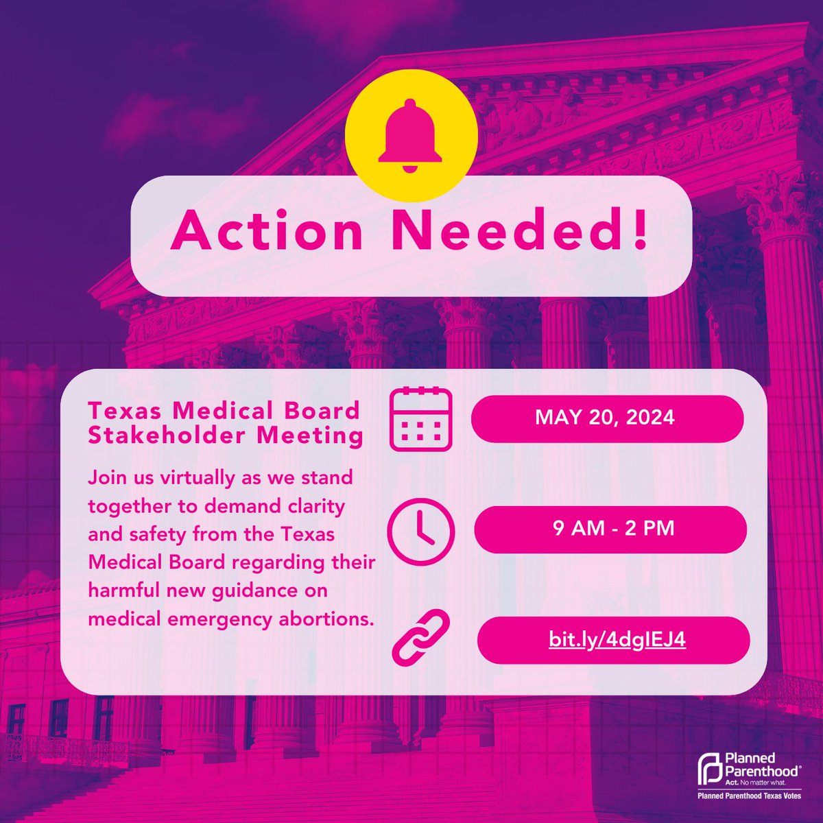 🚨 Calling all advocates! 🚨 Don’t miss the Texas Medical Board’s stakeholder meeting on May 20th, where doctors and experts will address their harmful new guidance on medical emergency abortions. 

Join us virtually at bit.ly/4dgIEJ4