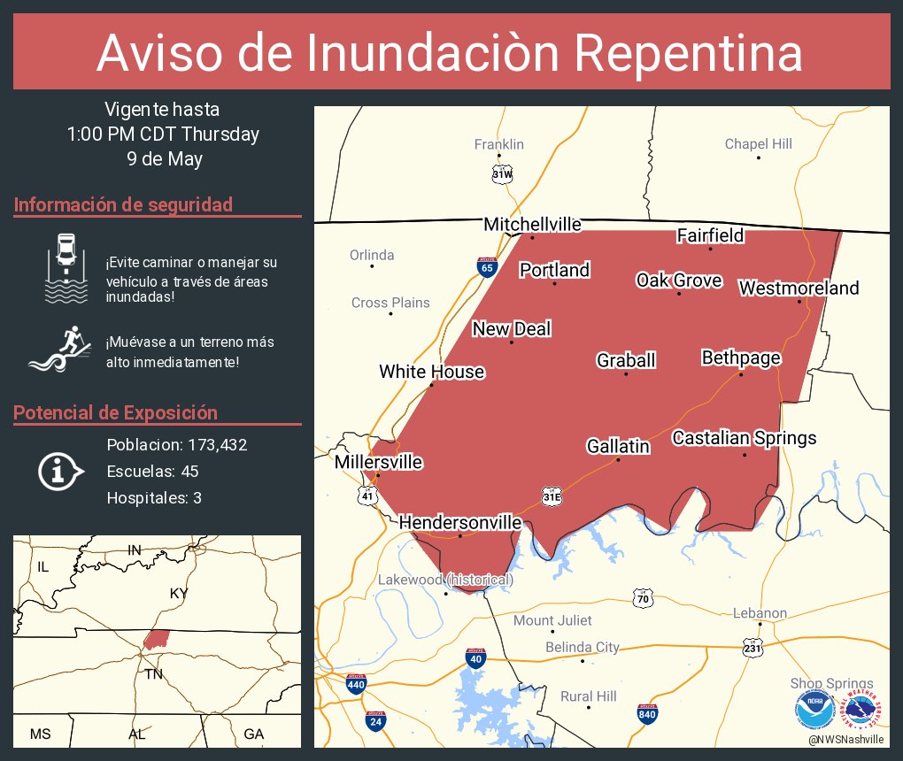 Aviso de Inundación Repentina incluye Hendersonville TN, Gallatin TN, Portland TN hasta la 1:00 PM CDT