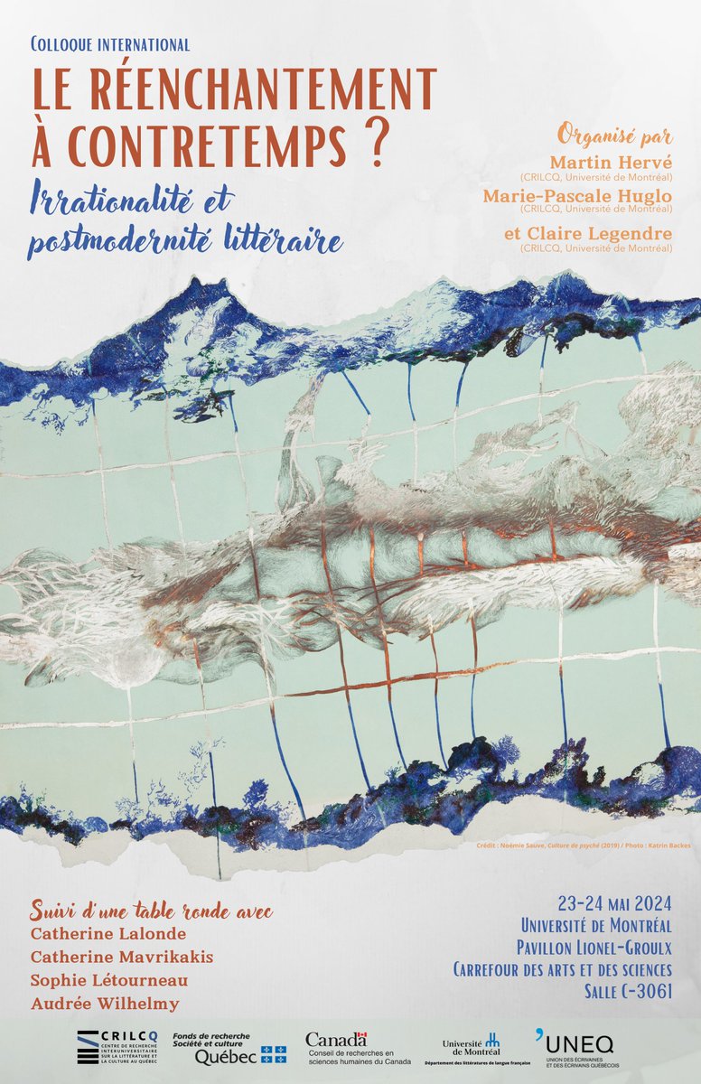 ‼️[DERNIER RAPPEL] Le colloque international « Le réenchantement à contretemps ? Irrationalité et postmodernité littéraire ». 📅 23 et 24 mai 2024 📍 au Carrefour des arts et des sciences de l'@UMontreal (C-3061) Infos👇 crilcq.org/.../colloque-l… #communautéFRQ #littqc #colloque