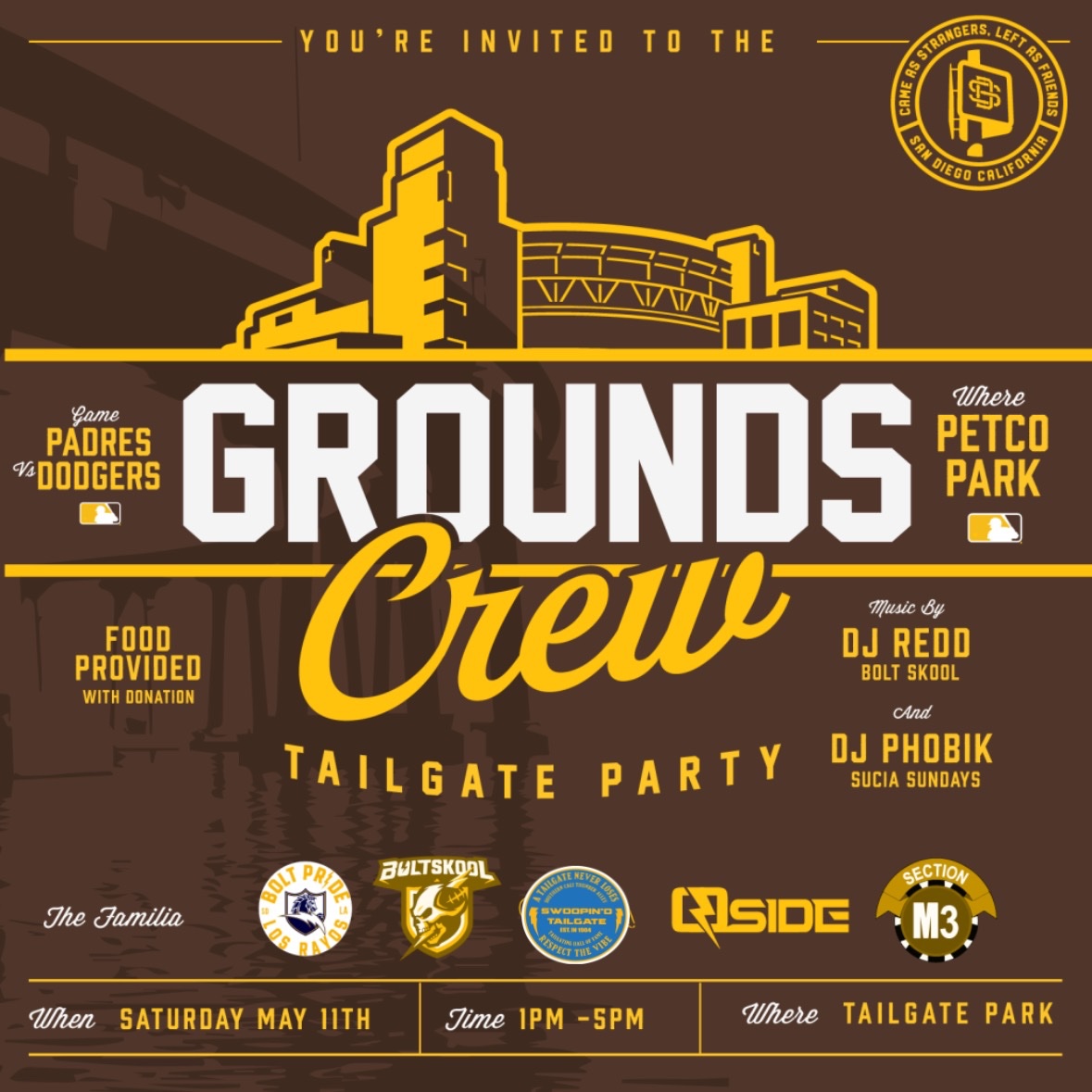 This Sat May 11th join #TheGroundsCrew for a #ThunderAlley Tailgate ⚾️
#Padres vs #Dodgers 
At Tailgate Park.
Dj & a Norteño Band🎶⚡️

#BoltPride 
#BoltSkool
#SwoopinD
#M3春 
#Osiders 
#FriarFaithful
#FanUnity
