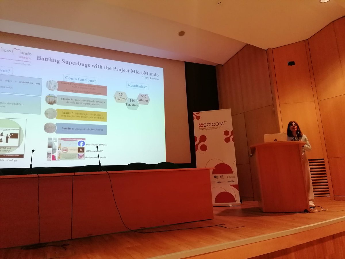 👏Today @filipa_grosso had the opportunity to present @MicroMundoUP at the Portuguese Congress of Science Communication aiming at bringing science to society and increase AMR awareness!

@scicomPT @UCIBIO_Research