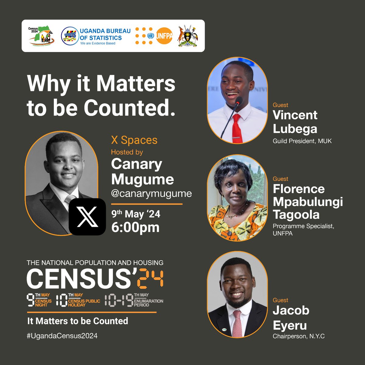 @CanaryMugume is hosting a X space just few minutes from now, joined by some guests. Let's all join the space and know why we should all be counted. #UgandaCensus2024. It matters to be counted. @UNFPAUganda @Jozhane