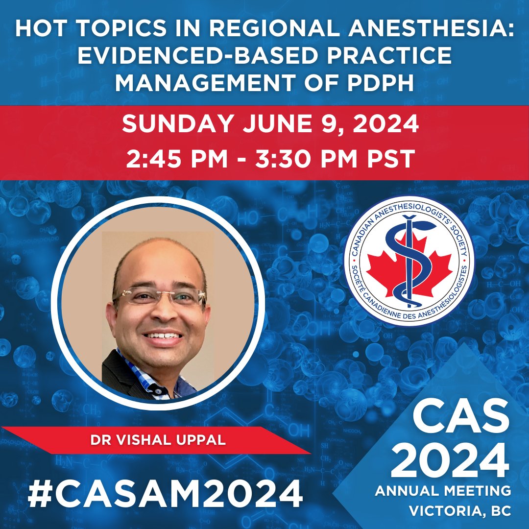 🔥 Join us at the #CASAM2024 for an exciting session on Hot Topics in Regional Anesthesia! 🌟 Moderator @PatrickWongMD 🌟Ambulatory Spinal Anesthesia Drug Recipes @Ushma21s 🌟Evidence-Based #PDPH Management 🗓️Sunday, June 9, 2024, 2:45 PM - 3:30 PM PST cas.ca/en/annual-meet…