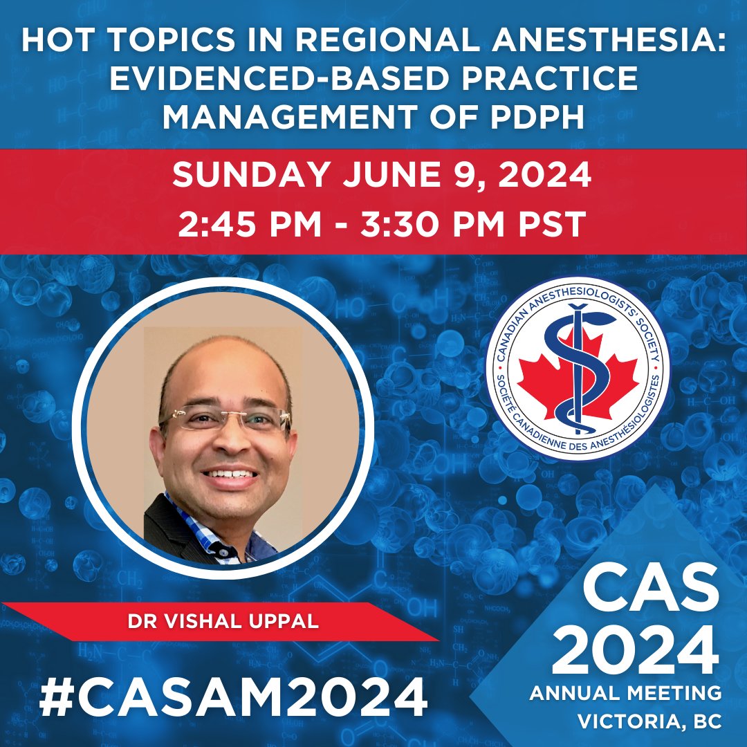 Dr. Vishal Uppal MBBS, FRCA 🇨🇦🇮🇳🏴 (@ropivacaine) on Twitter photo 🔥 Join us at the #CASAM2024 for an exciting session on Hot Topics in Regional Anesthesia!
🌟 Moderator <a href="/PatrickWongMD/">Patrick Wong</a>
🌟Ambulatory Spinal Anesthesia Drug Recipes <a href="/Ushma21s/">Ushma Shah</a>
🌟Evidence-Based #PDPH Management
🗓️Sunday, June 9, 2024, 2:45 PM - 3:30 PM PST
cas.ca/en/annual-meet… 🔥 Join us at the #CASAM2024 for an exciting session on Hot Topics in Regional Anesthesia!
🌟 Moderator <a href="/PatrickWongMD/">Patrick Wong</a>
🌟Ambulatory Spinal Anesthesia Drug Recipes <a href="/Ushma21s/">Ushma Shah</a>
🌟Evidence-Based #PDPH Management
🗓️Sunday, June 9, 2024, 2:45 PM - 3:30 PM PST
cas.ca/en/annual-meet…