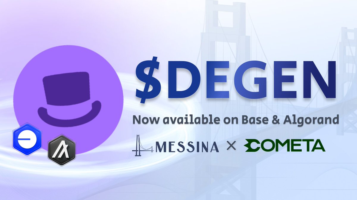 Hey $DEGEN crew, We did a thing! You can now take advantage of all the @Algorand benefits by bridging your tokens and joining the fun! messina.one/bridge Keep a close eye on @CometaHub for special $DEGEN opportunities!