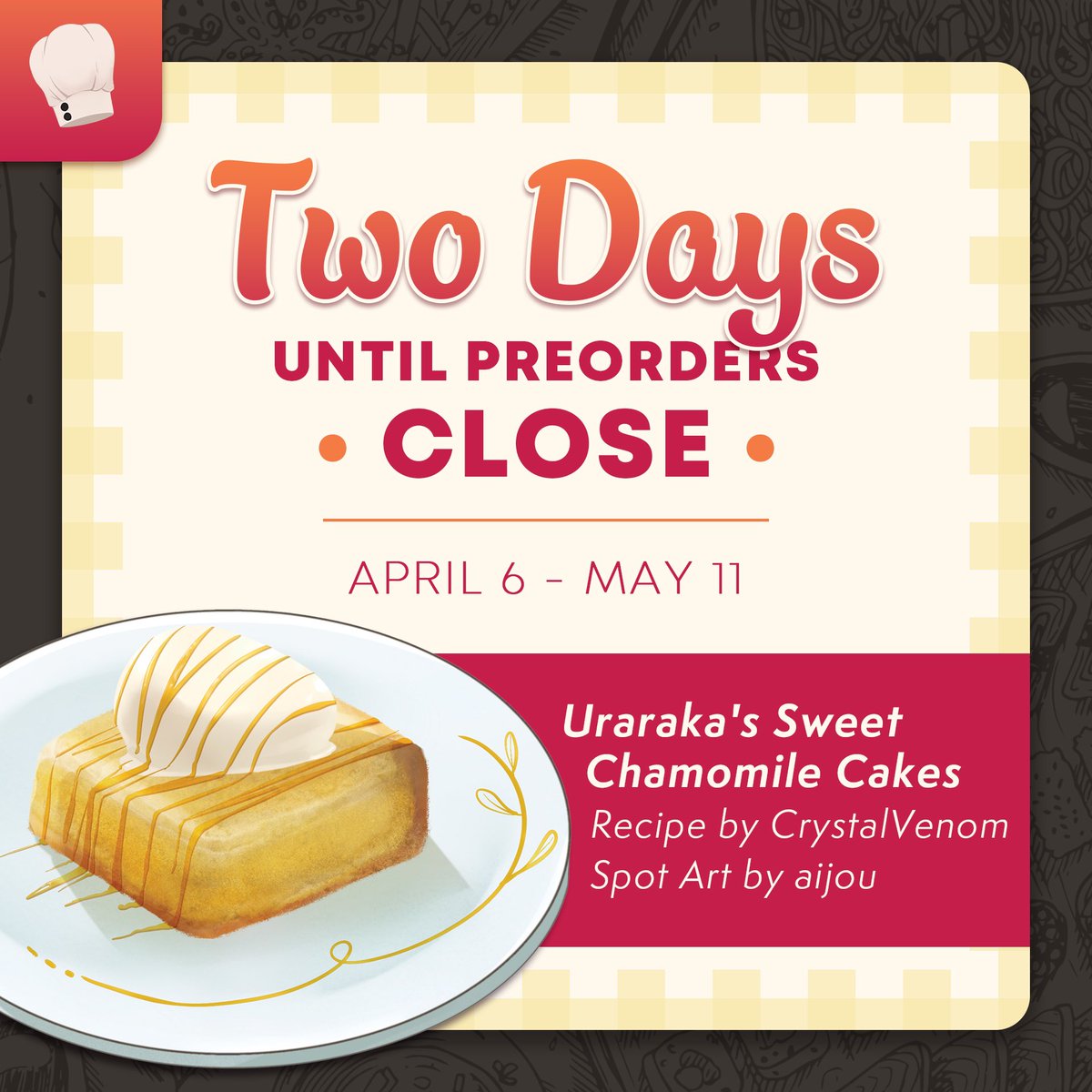 🍥 2 DAYS UNTIL PO’s CLOSE 🍡 2 DAYS until the kitchen closes. Can you help us reach our last stretch goal before then? 38 more physical orders until we unlock our last stretch goal 👀 Preorders close May 11th 11:59 PM CDT kacchakoskitchen.bigcartel.com