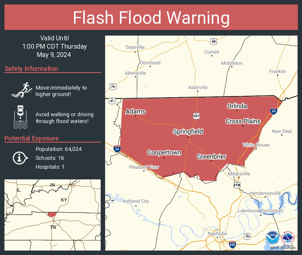 Flash Flood Warning including Springfield TN, Greenbrier TN and Coopertown TN until 1:00 PM CDT