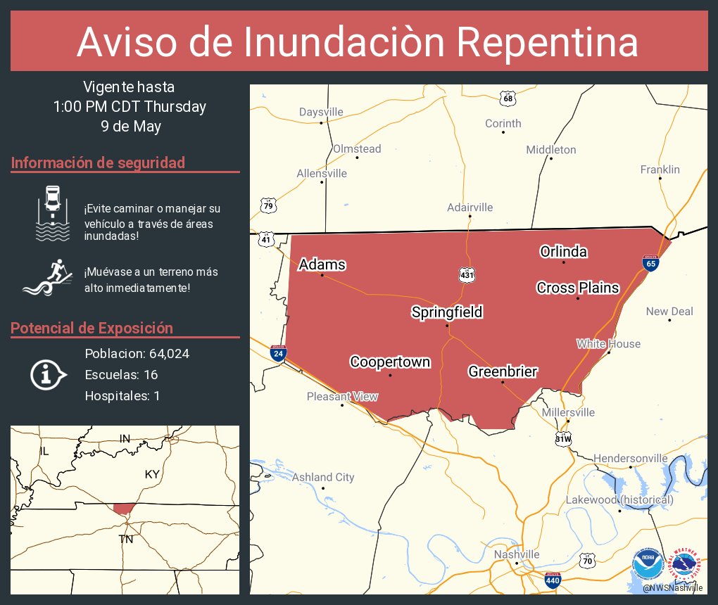 Aviso de Inundación Repentina incluye Springfield TN, Greenbrier TN, Coopertown TN hasta la 1:00 PM CDT