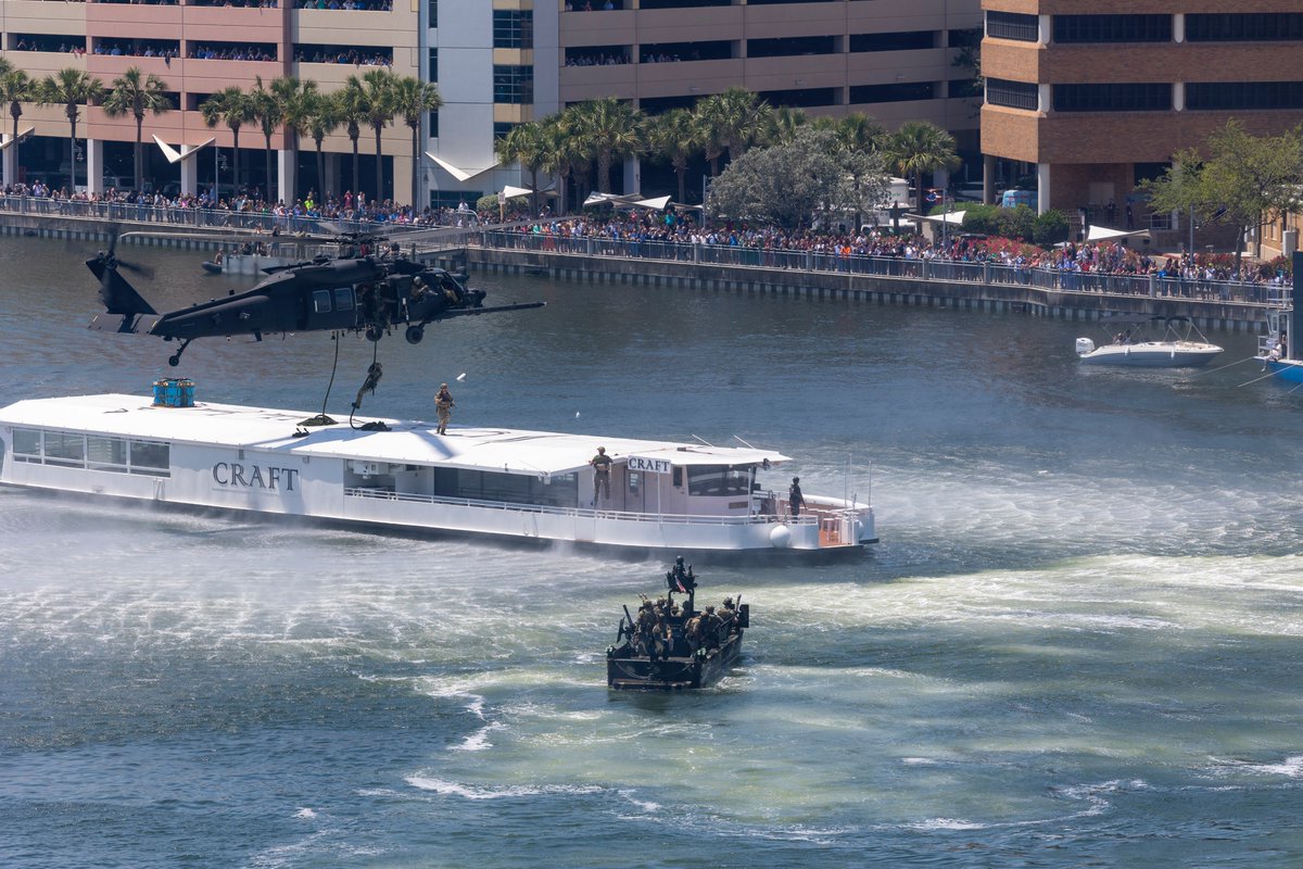 USSOCOM's tweet image. #SOFWeek international capabilities demonstration &quot;Battle in the Bay&quot; took place in @CityofTampa with 10 different nations participating in the sea, air and land collaborative exhibition of #SOF forces, complete with fixed-wing and rotary wing aircraft, drones and SOC-R boats.
