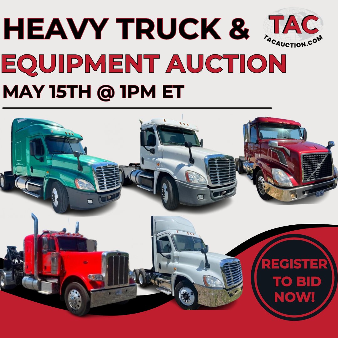 Live Heavy Truck & Equipment Auction: May 15th @ 1PM ET

Register to bid now! Don't miss out on your chance to score a deal!

#TacAuction #onlineauction #heavyequipment #heavytrucks