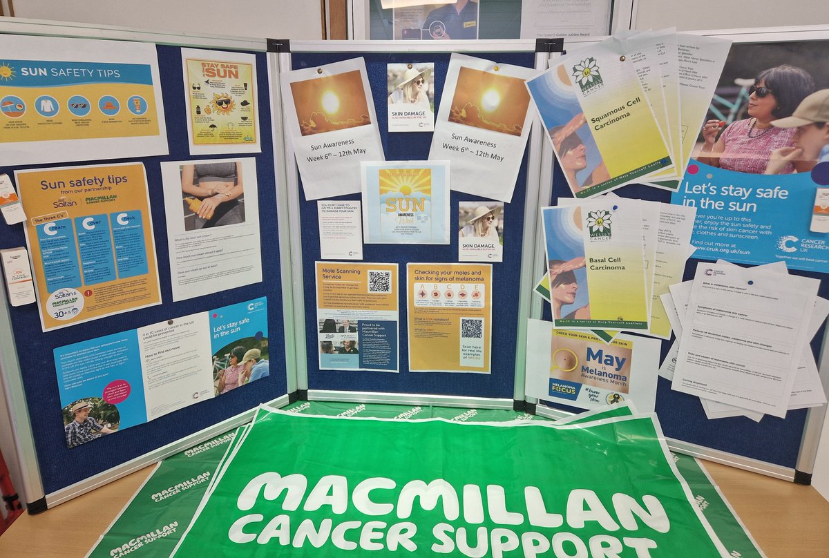 The sun is shining this Sun Awareness Week and our team have set up an informative stand with advice on how you can enjoy the sun safely☀️😎 If you're at St Peter's Hospital tomorrow morning, why not pop by their stand and find out more from the team!