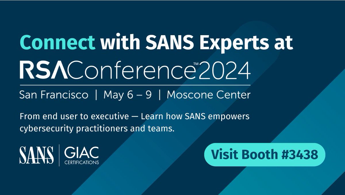 Day 4️⃣ at #RSAC 2024 | Last chance to connect at @RSAConference! 🤝 Connect with SANS | GIAC at Booth #3438 🔑 Recap: Last night's keynote on 'Top 5 Dangerous Attack Techniques' 🎟️ Last chance to win a spot in #AIS247 ➡️ Book a 1:1 for later → sans.org/u/1vWh
