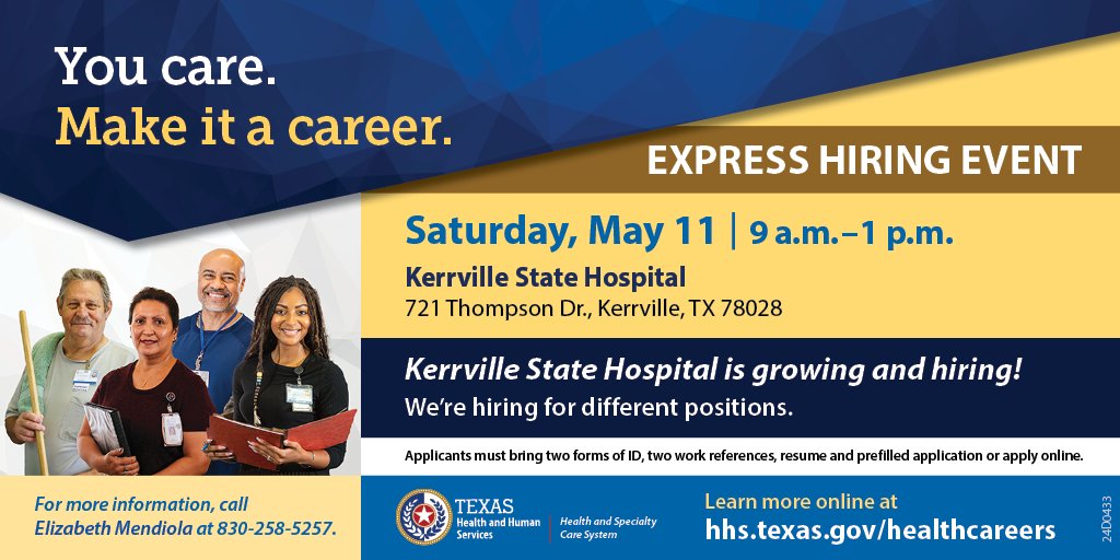 The Kerrville State Hospital is hosting an express hiring event on May 11! On-the-spot interviews will be offered to qualified applicants. To learn more about state hospital jobs, visit: bit.ly/3zZCFqh