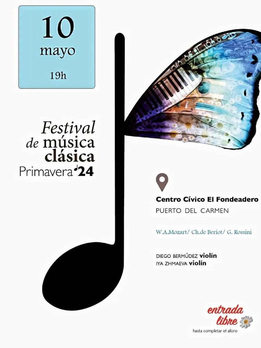 🎶 ¡Festival de Música Clásica Primavera 2024 en Puerto del Carmen!

👉🏻 Ven a disfrutar mañana del concierto de violín de Diego Bermúdez e Iya Zhmaeva

🗓 10 de mayo
⏱ 19 
📍 CSC El Fondeadero
🎫 Entrada libre

#CulturaTías #PuertoDelCarmen #Lanzarote #Concierto