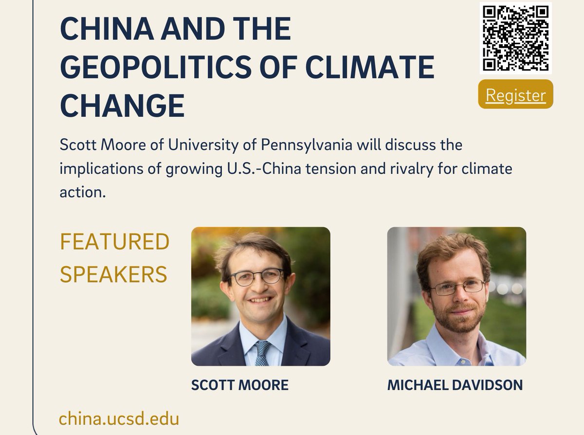 Join us for a public talk on May 16 at 4p.m. PDT by prof. Scott Moore, Dir. of China Programs and Strategic Initiatives at UPenn, who will discuss the implications of growing U.S.-China tension for climate action. @east_winds RSVP: ow.ly/fZIR50RlMIa #China #ClimateAction