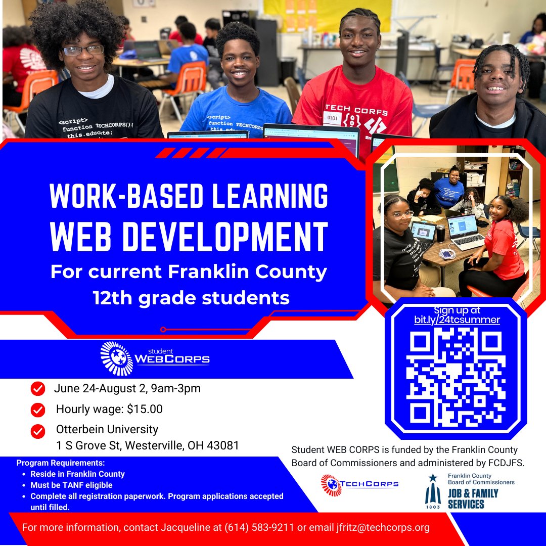 Franklin County 12th-grade students will learn web development and earn $15/hour from June 24th through August 2nd at @Otterbein University in Westerville. Sign up at bit.ly/24summer. @FranklinCoOhio @FranklinCoJFS #WorkBasedLearning #YouthApprenticeshipWeek