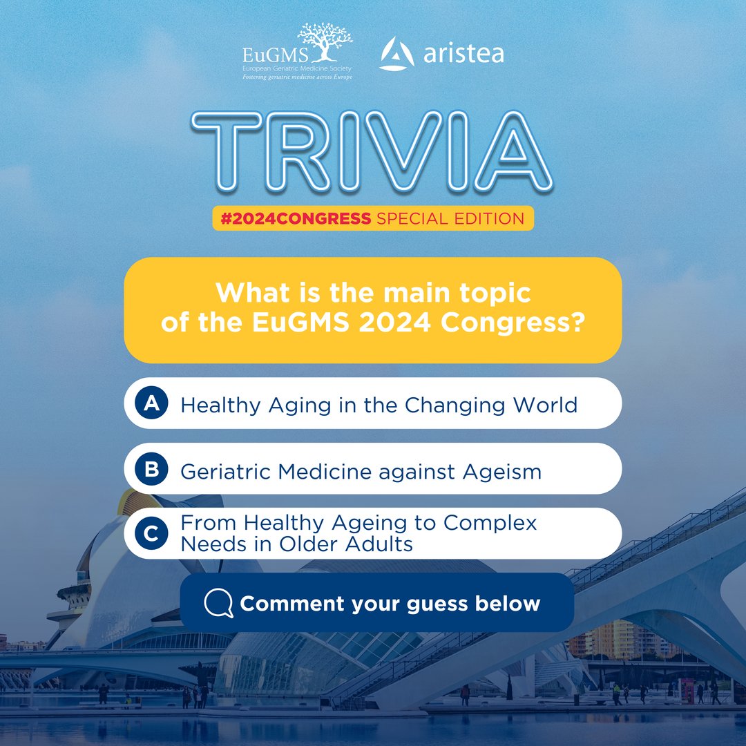 💡 Trivia Time! Let’s see how much you know about the next #EuGMSCongress… Can you guess the main topic of the #20thEuGMSCongress, taking place in Valencia in September 2024? 🔍 Comment your guess below ⬇️ Tag your colleagues! #geriatrics #gerontology @aristeagroup