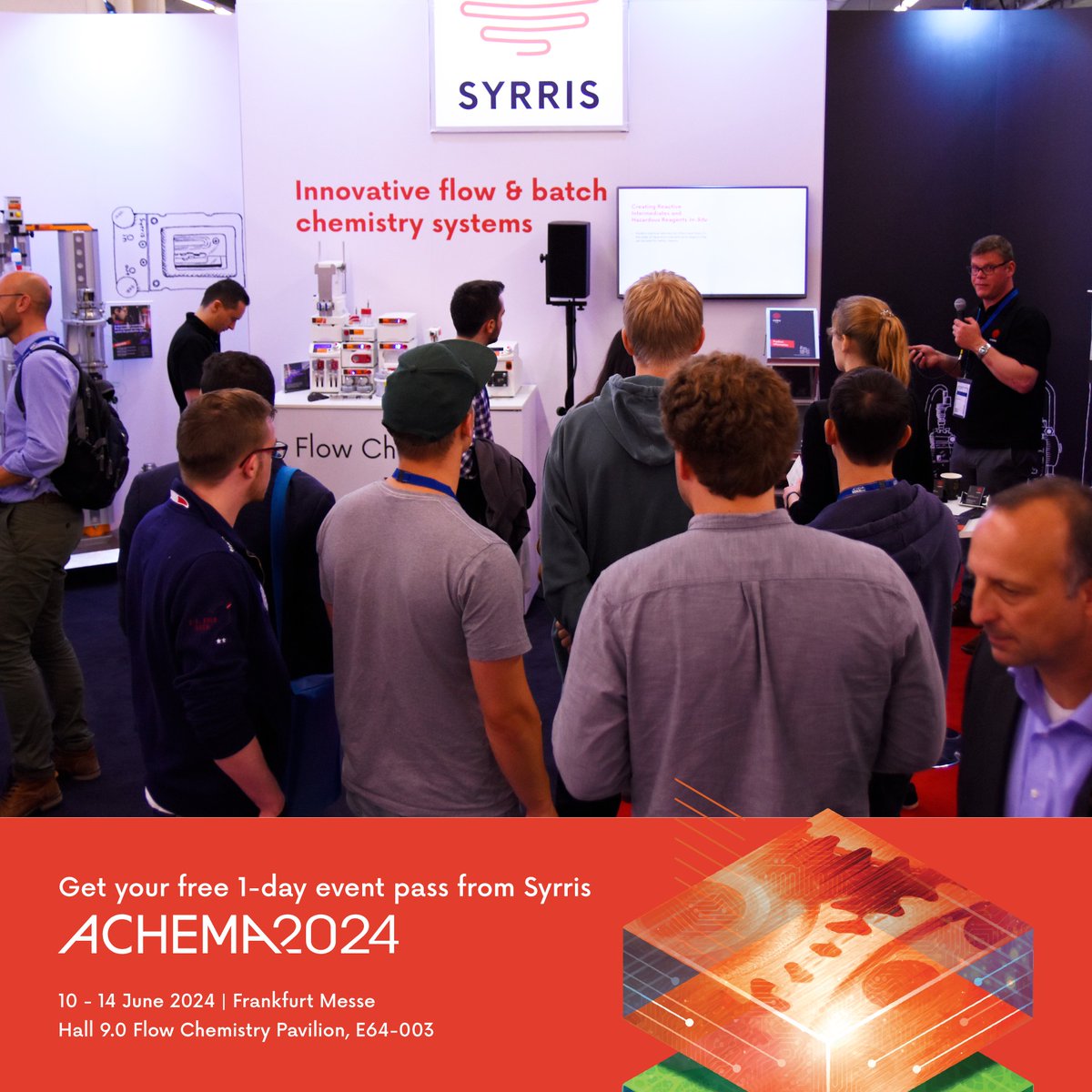 Syrris are offering free 1-day passes for #ACHEMA in Frankfurt, Germany. Available to use from 10-14 June 2024* Get your free pass: ow.ly/pMR950Rtq8e *We suggest using it on Thurs 13th so you can catch our presentation in the Flow Chemistry Symposium 😉